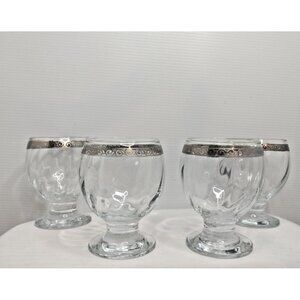 Set Of 4 Silver Trim Swirl Brandy Snifter Crystal Glasses From Italy 4"X3"